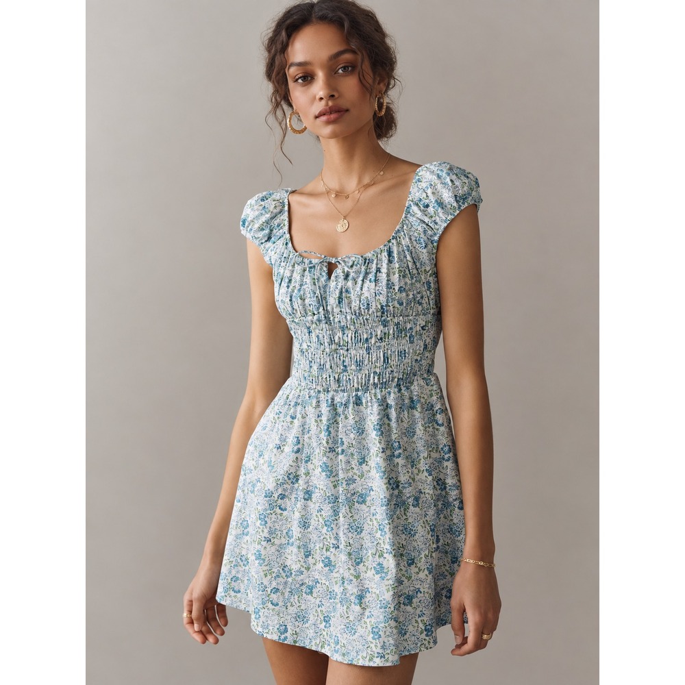 ANTHROPOLOGIE Women's New Smocked Mini Dress LARGE Cotton Blue Patte